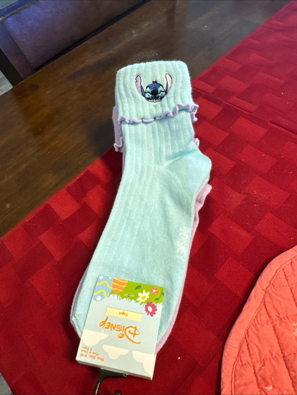 Disney Light Blue & Pink Stitch Ruffle Crew Socks